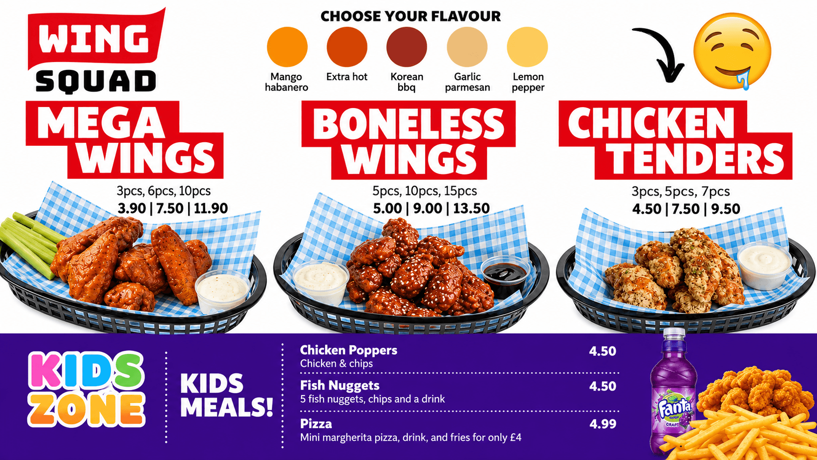 Wing Squad menu board running on GhostScreen